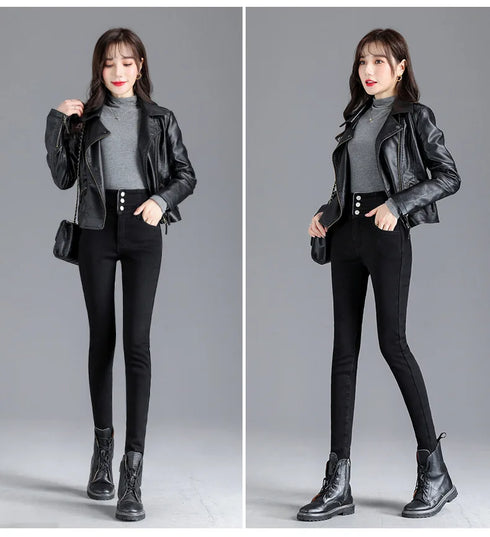 High-Waist Fleece-Lined Skinny Jeans for Women
