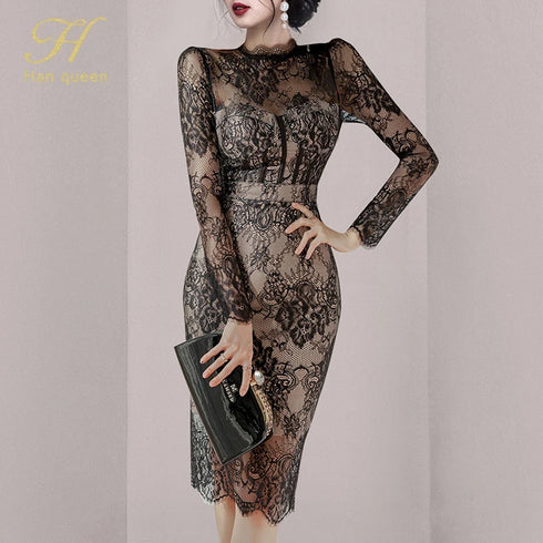 H Han Queen Autumn See Through Lace Pencil Dress Elegant Women