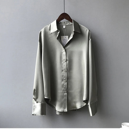 Spring Fashion Button Up Silk Shirt Vintage Blouse Women Satin Tops Office Lady Elegant Long Sleeves Female Loose Shirts 11355