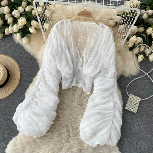 Elegant V-Neck Puff Sleeve Chiffon Blouse