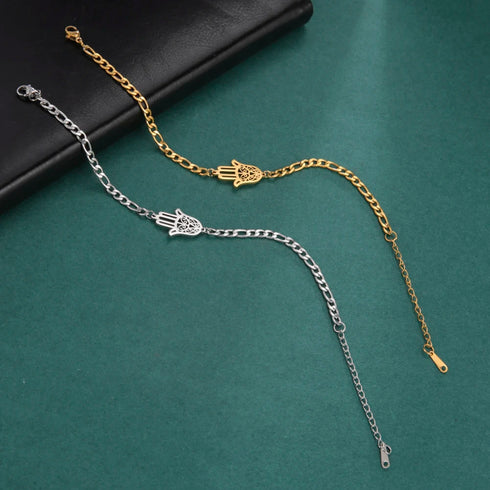 Skyrim Amulet Hamsa Hand of Fatima Bracelets on Hand Gold Color Women's Bracelet Stainless Steel Islamic Lucky Jewelry Gift
