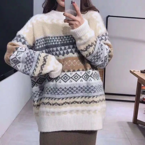 Vintage Striped Loose Pullover Sweater for Women