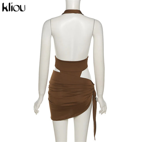 Kliou Solid Deep V Backless Two Piece Set in Black