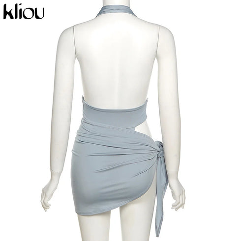 Kliou Solid Deep V Backless Two Piece Set in Black