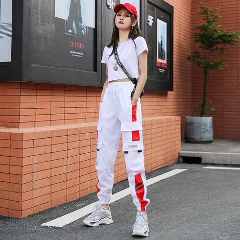Women's Casual Cargo Joggers - Black & White