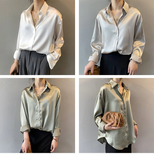 Spring Fashion Button Up Silk Shirt Vintage Blouse Women Satin Tops Office Lady Elegant Long Sleeves Female Loose Shirts 11355
