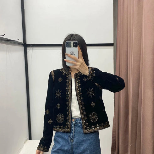 Women's Velvet Short Cardigan with Embroidery and Sequins