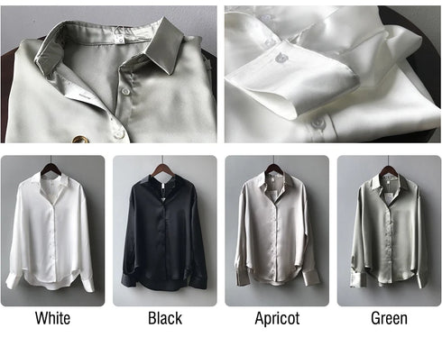 Spring Fashion Button Up Silk Shirt Vintage Blouse Women Satin Tops Office Lady Elegant Long Sleeves Female Loose Shirts 11355