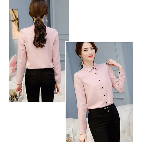 GAOKE OL Work Wear White Blue Blouse Long Sleeve Turn-down Collar Formal Elegant Female Shirt Ladies Tops School