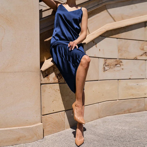 Satin Summer Backless Dress with Spaghetti Straps
