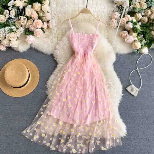 Daisy Flower Print Mesh Party Dress