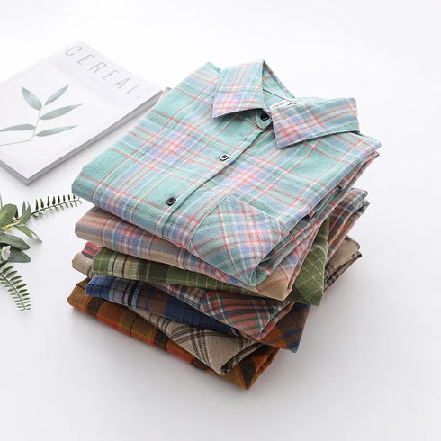 Loose Fit Cotton Plaid Shirt for Women