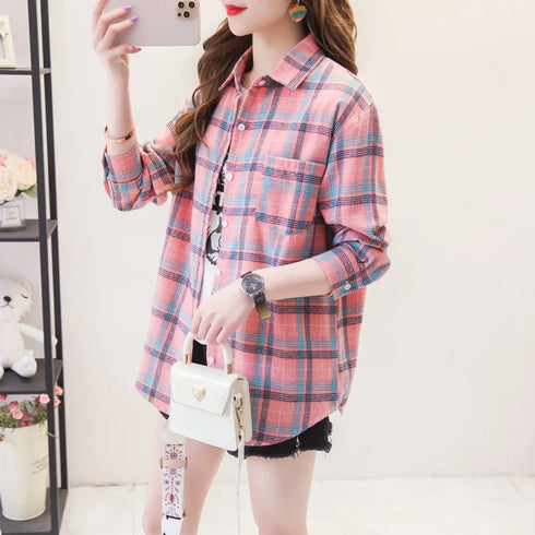 Loose Fit Cotton Plaid Shirt for Women