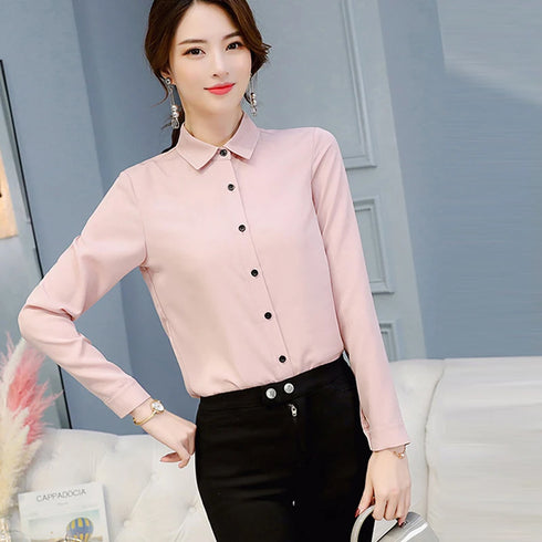 GAOKE OL Work Wear White Blue Blouse Long Sleeve Turn-down Collar Formal Elegant Female Shirt Ladies Tops School