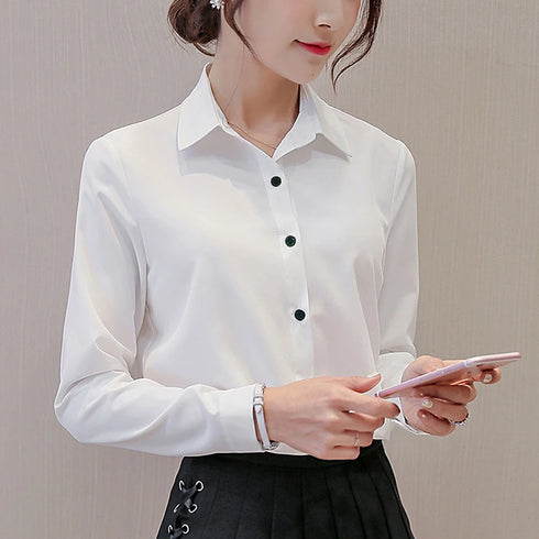 GAOKE OL Work Wear White Blue Blouse Long Sleeve Turn-down Collar Formal Elegant Female Shirt Ladies Tops School