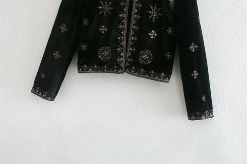 Women's Velvet Short Cardigan with Embroidery and Sequins