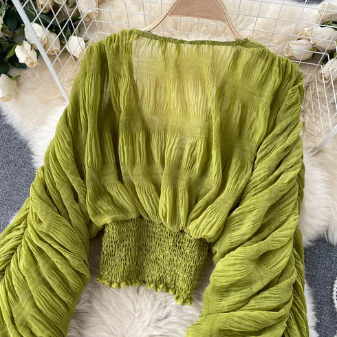 Elegant V-Neck Puff Sleeve Chiffon Blouse