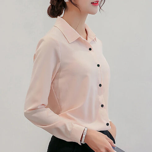GAOKE OL Work Wear White Blue Blouse Long Sleeve Turn-down Collar Formal Elegant Female Shirt Ladies Tops School