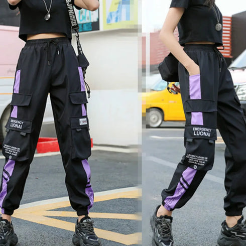 Women's Casual Cargo Joggers - Black & White