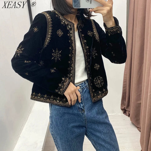 Women's Velvet Short Cardigan with Embroidery and Sequins