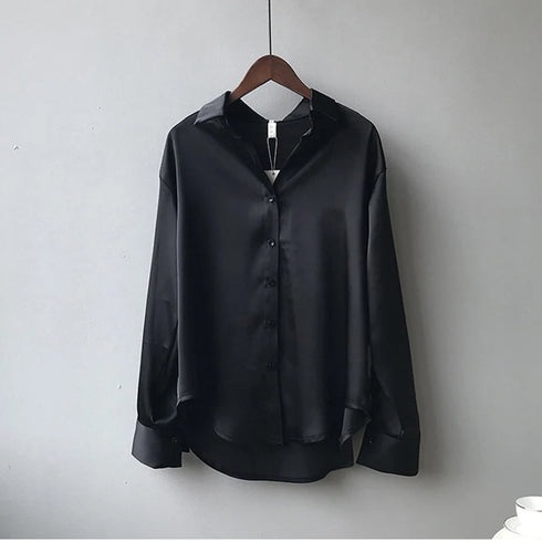 Spring Fashion Button Up Silk Shirt Vintage Blouse Women Satin Tops Office Lady Elegant Long Sleeves Female Loose Shirts 11355