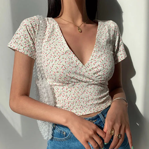 Floral Cross Crop Top - Short Sleeve V-Neck