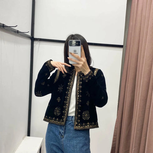 Women's Velvet Short Cardigan with Embroidery and Sequins