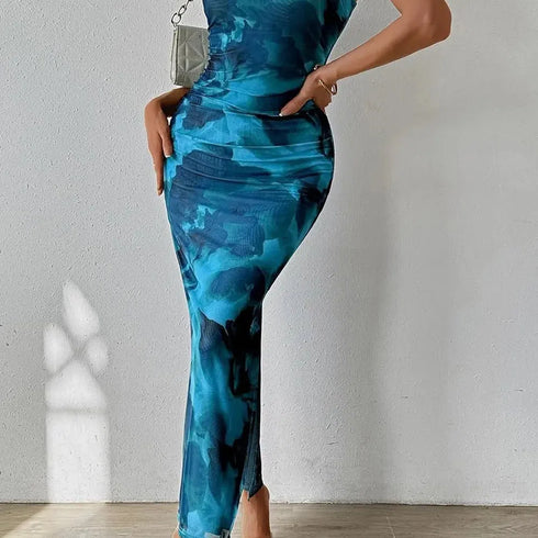 Summer Women Sexy Chestless Hem Slit Sleeveless Printed Dress