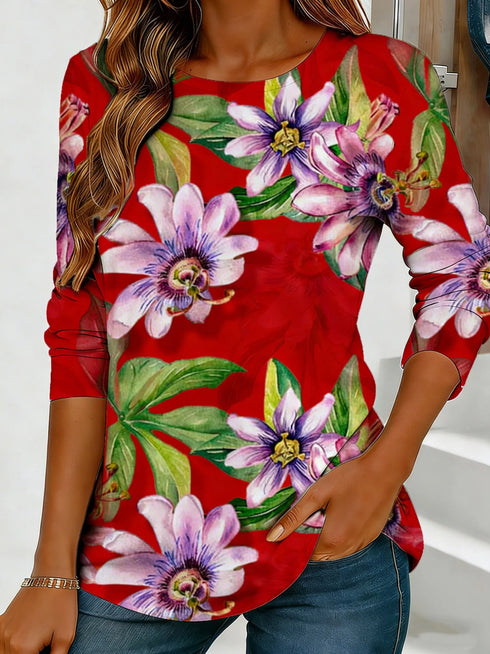 Women's Floral Print Long-Sleeved Loose-Fit Top