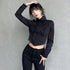 Zadily Long Sleeve Button-Up Crop Top in Black