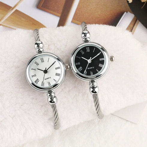 Luxury Silver Bangle Bracelet with Quartz Watch