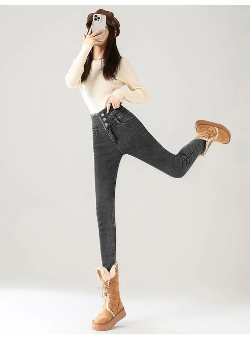 High Waist Fleece Lined Skinny Jeans for Women