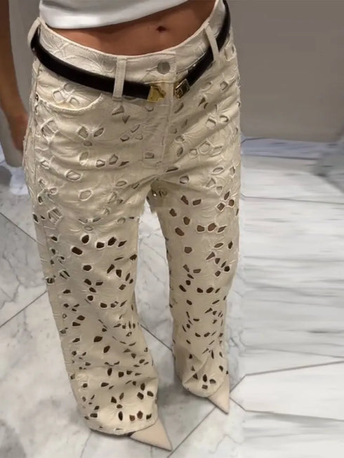 Floral Hollow Out High Waist Wide Leg Jeans