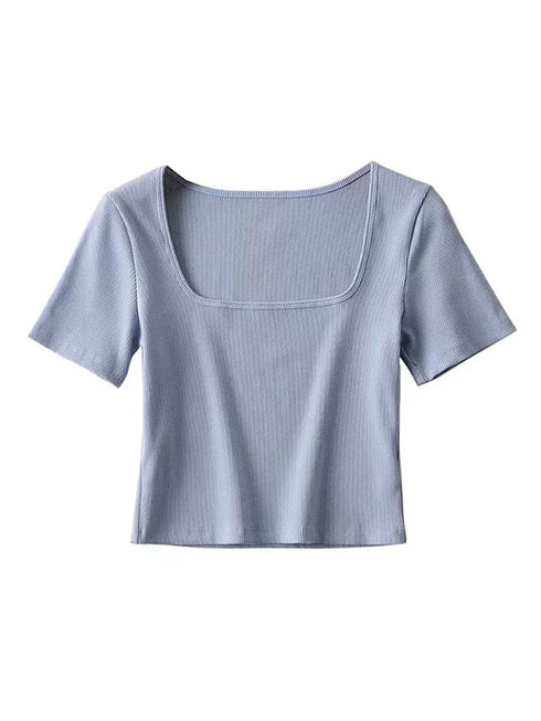 Square Neck Rib Crop T-shirt for Summer Casual Wear