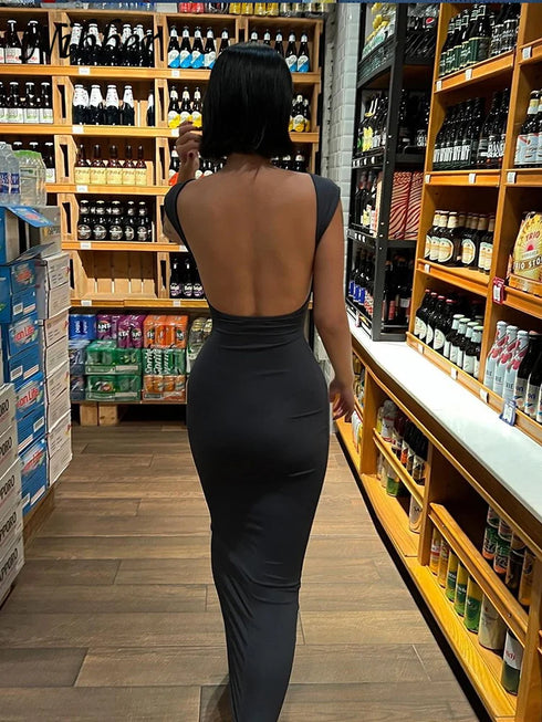Elegant Backless Maxi Dress for Women - Slim Fit Bodycon Streetwear
