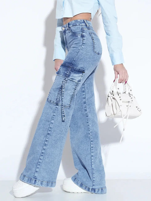 Women's Washed Cargo Jeans with Multiple Pockets
