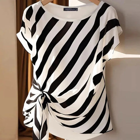Korean Striped Short Sleeve Blouse for Women