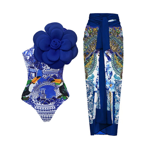 Floral Print One Piece Swimsuit with Skirt