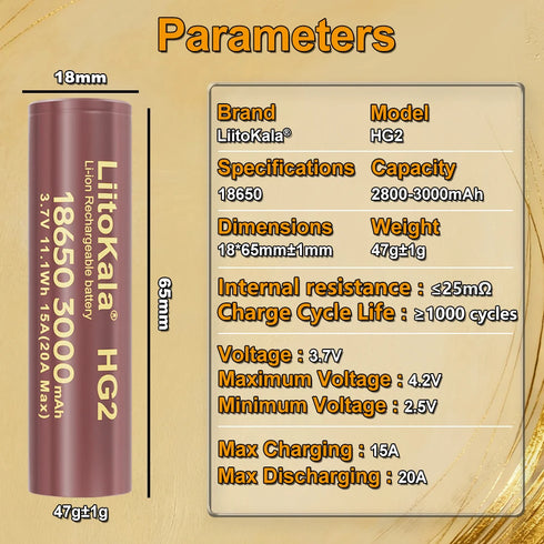 LiitoKala 3.7V 18650 HG2 3000mAh Lithium Batteries