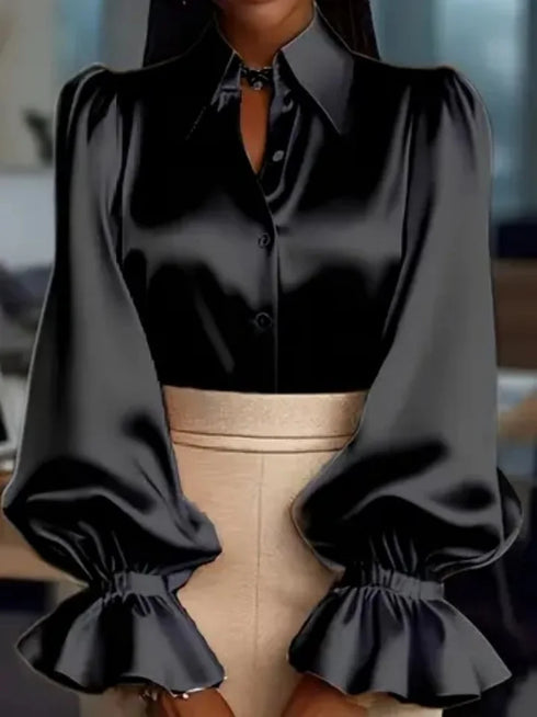 Elegant Satin Blouse with Ruffled Cuff Sleeves