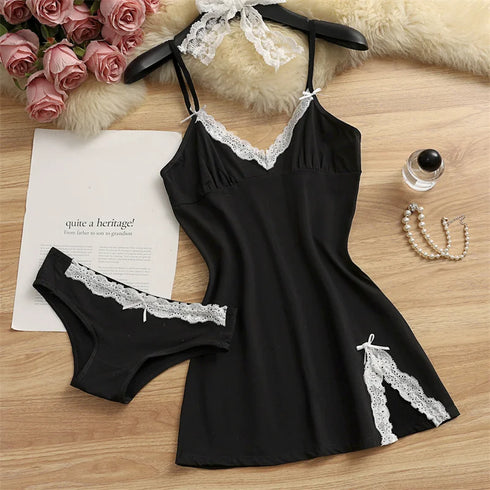 Cotton Lace Suspender Nightdress Set for Women