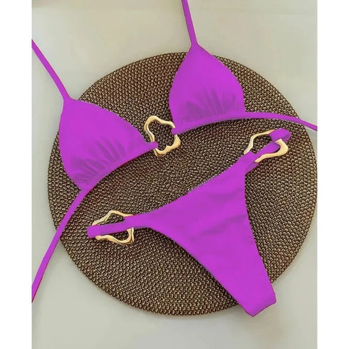 Lace-Up Solid Colour Two-Piece Bikini Set