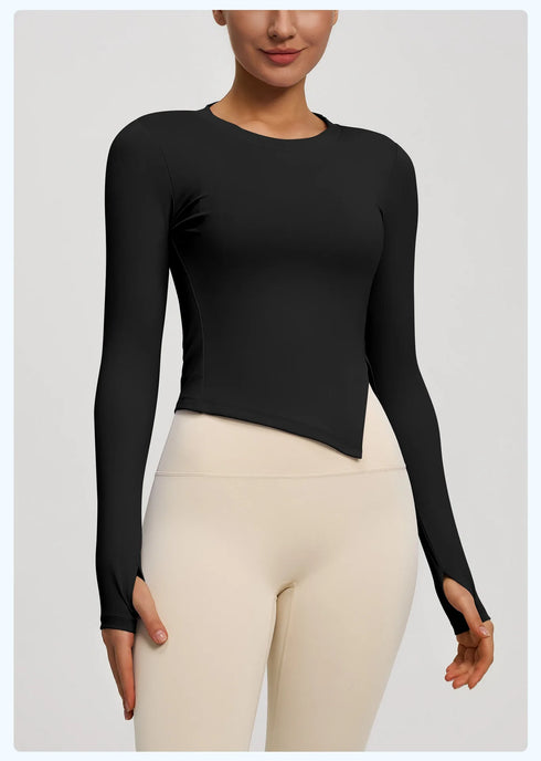 Long Sleeve O-Neck Yoga Top in Solid Colours