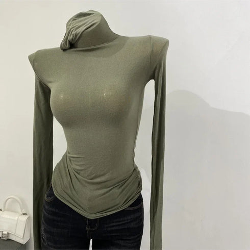 Turtleneck Long Sleeve Cotton Top for Women