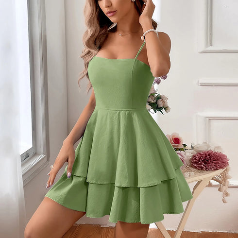 Elegant Double-Layer Suspender Dress for Evening Events