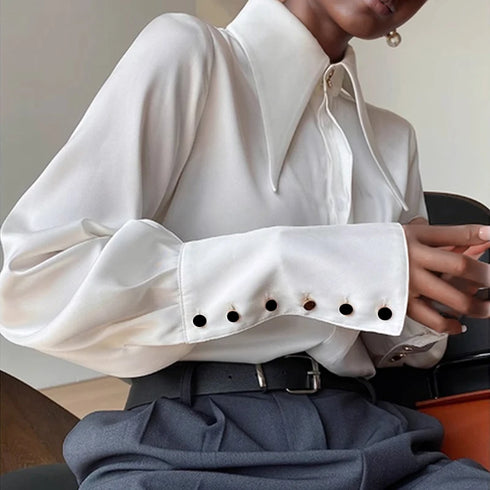 Elegant Satin Silk Blouse with Turn Down Collar