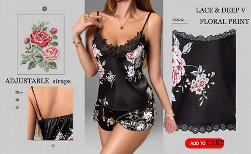 Plus Size Floral Pyjama Set - Black with Lace Trim