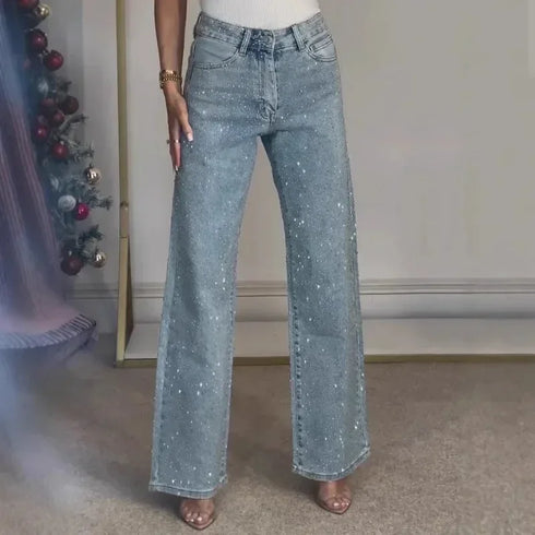 High Waist Straight Leg Denim Jeans with Diamond Detail