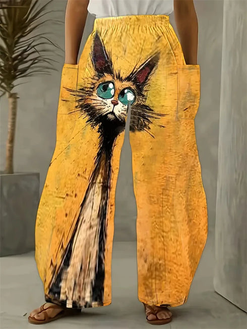 Women's Cartoon Cat Loose Wide-Leg Pants