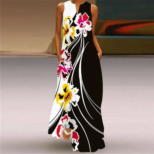 Fresh Floral Print Summer Open Neck Long Dress V-neck Sleeveless Beach Dress with Pockets